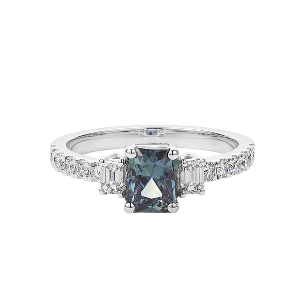 Teal sapphire 3 stone ring